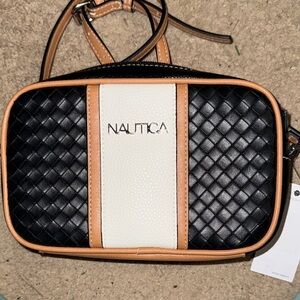 Nautica Black and White Woven Crossbody Bag with Tan Accents